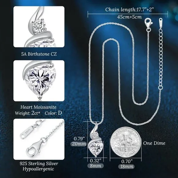 Moissanite Heart Pendant Necklaces for Women, 925 Sterling Silver Necklace with